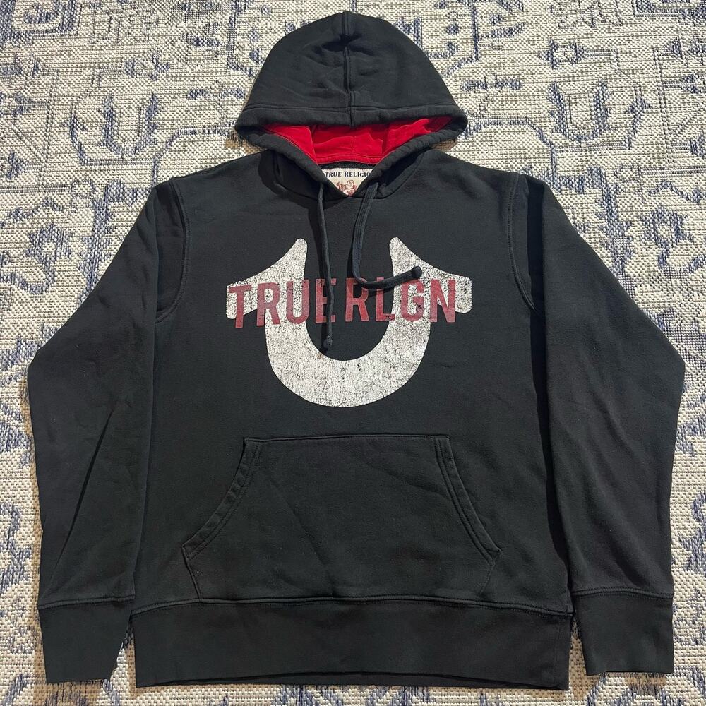 VTG Y2K True Religion Black and Red Graphic Hoodie SZ M